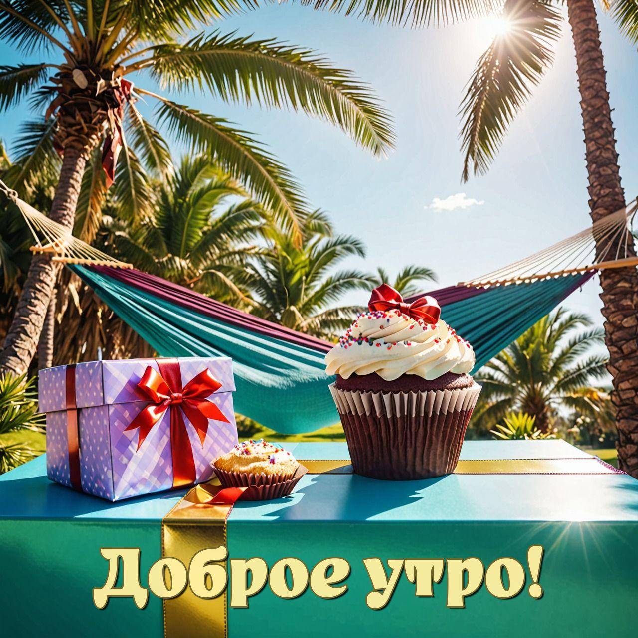 Большой подарок, шоколадный кекс и гамак