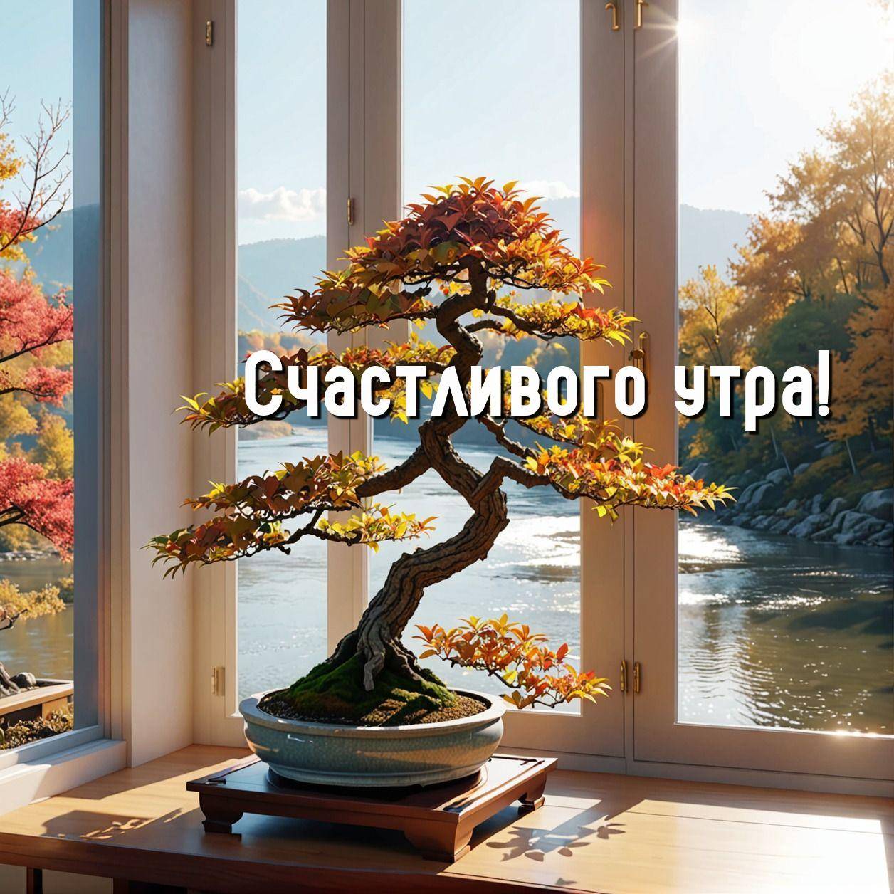 Бонсай в горшке на подставке, вид на реку