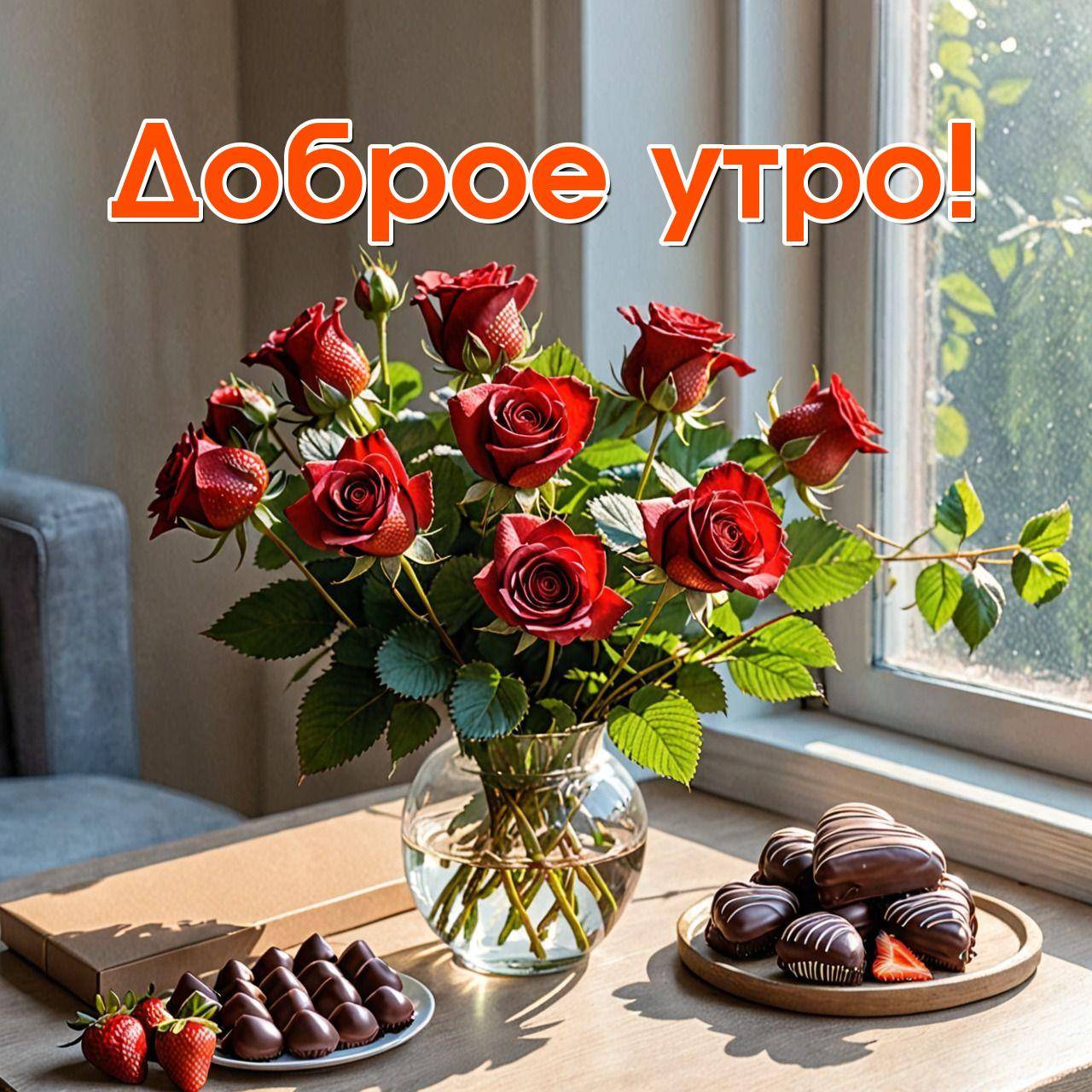 Букет красных роз в вазе, стол с клубникой и конфетами