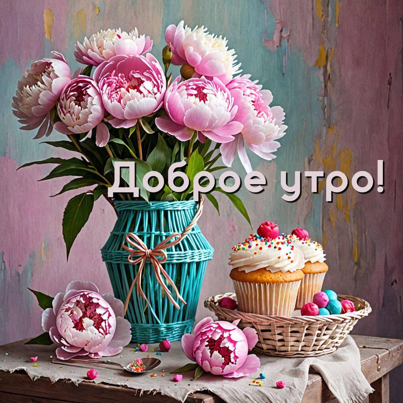 Букет пионов, кексы и конфеты на пастельном фоне