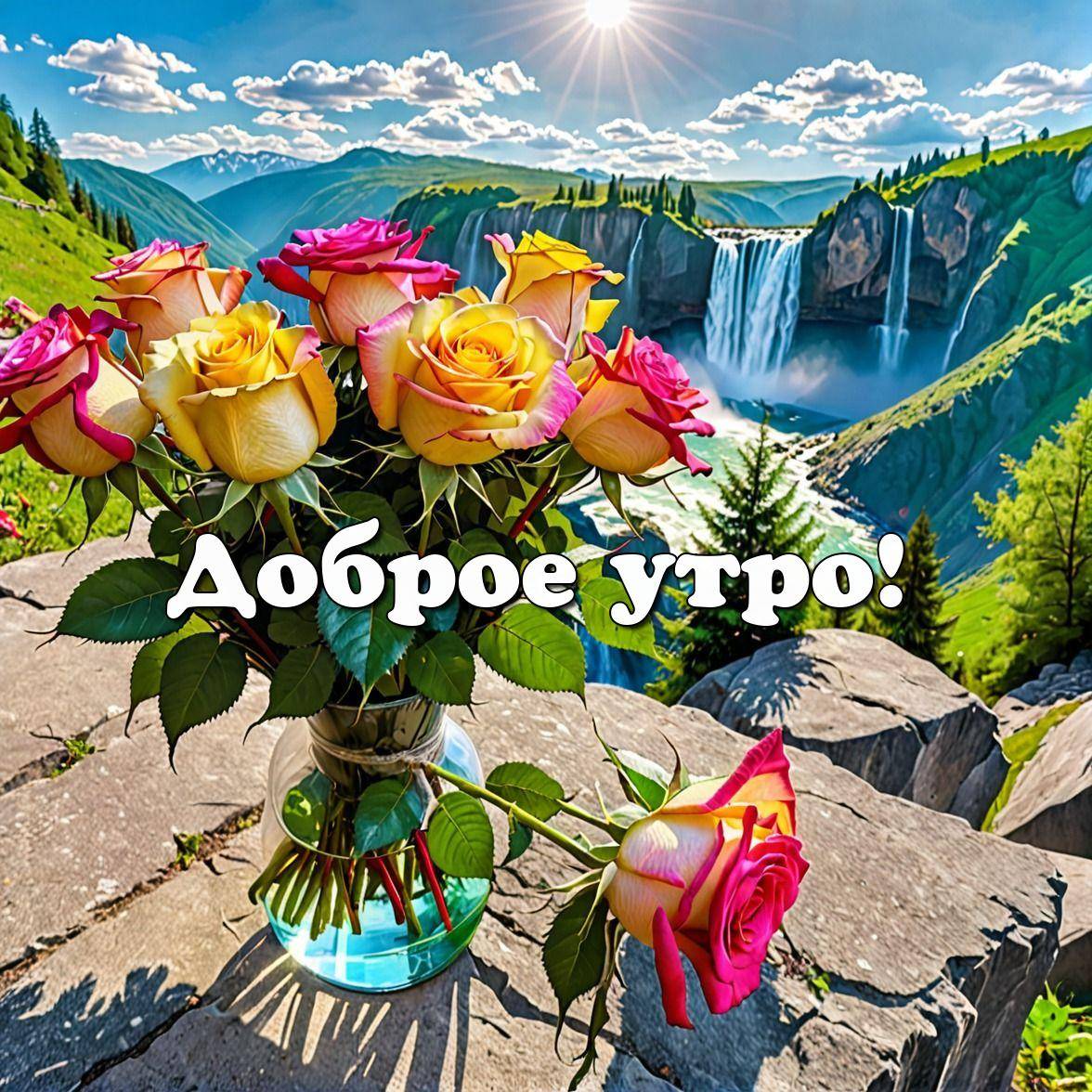 Букет роз в вазе, водопад и холмы на заднем плане