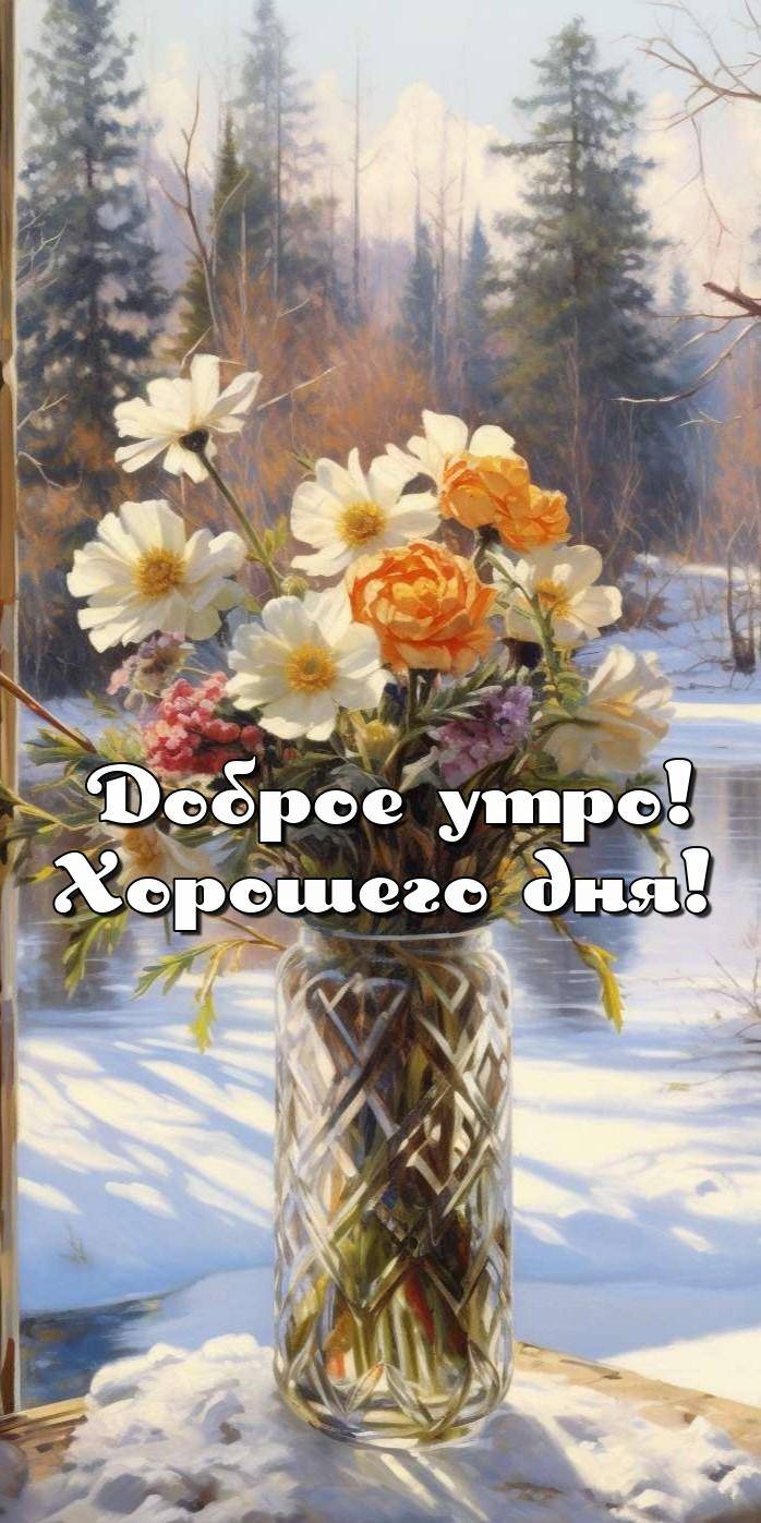Букет цветов на фоне заснеженного леса и озера