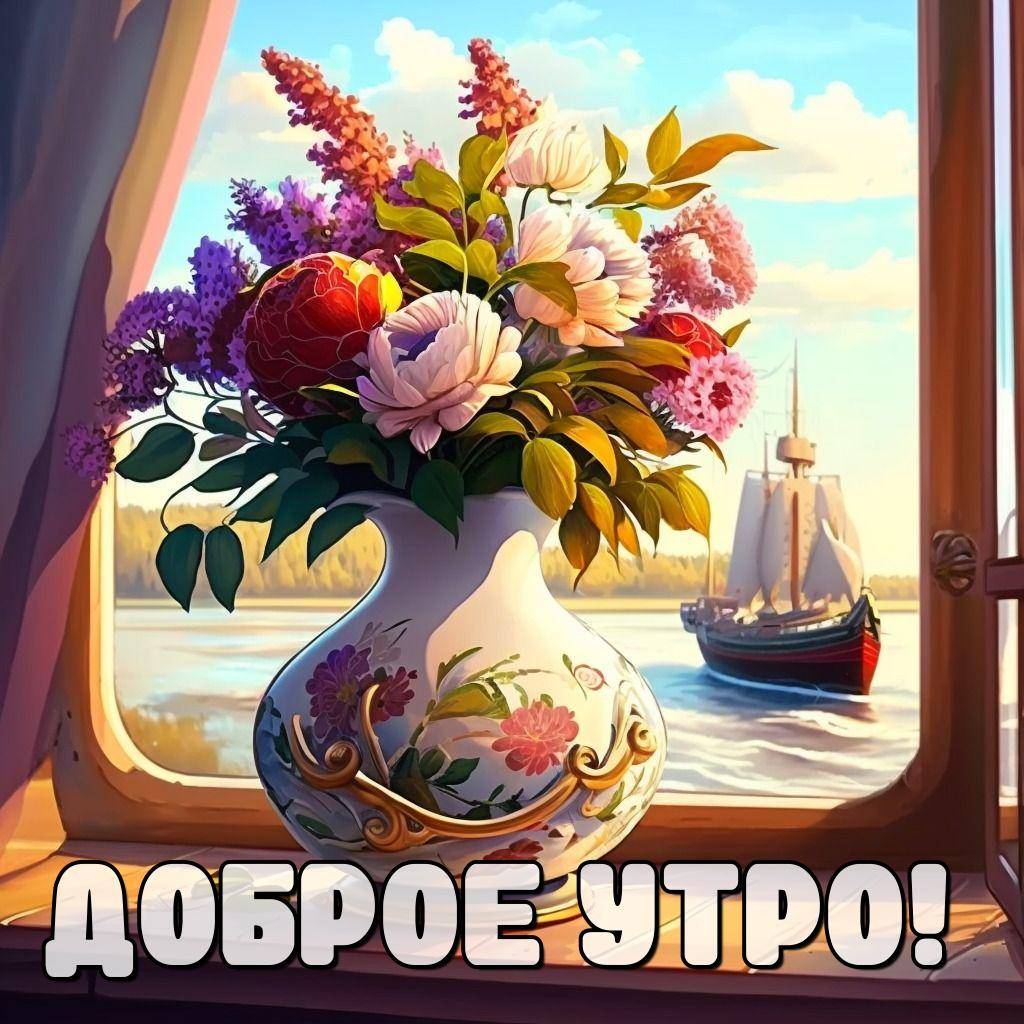 Букет цветов в вазе на подоконнике