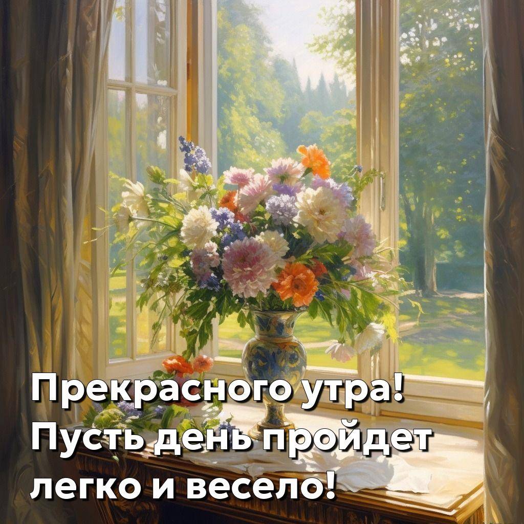 Букет цветов в вазе на подоконнике