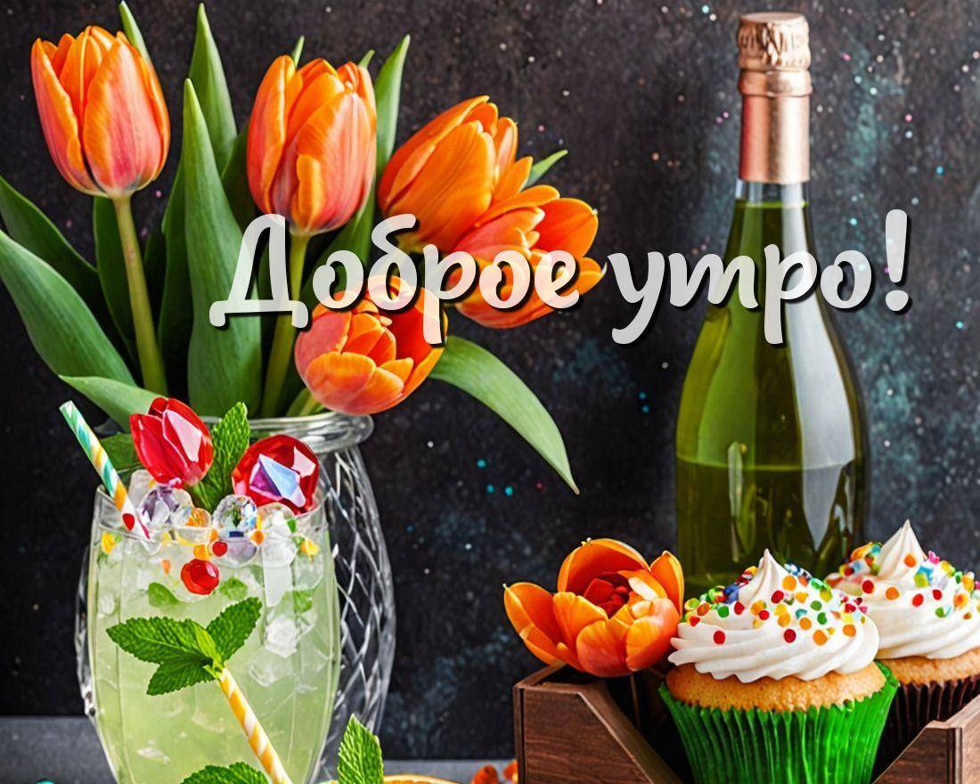 Букет тюльпанов, коктейль, бутылка и кексы на тёмном фоне