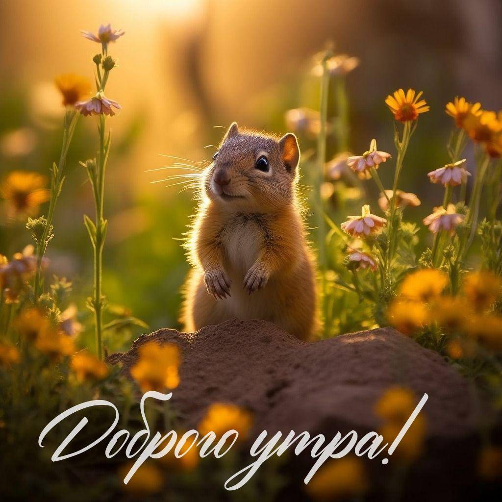 Бурундук на фоне цветущих цветов
