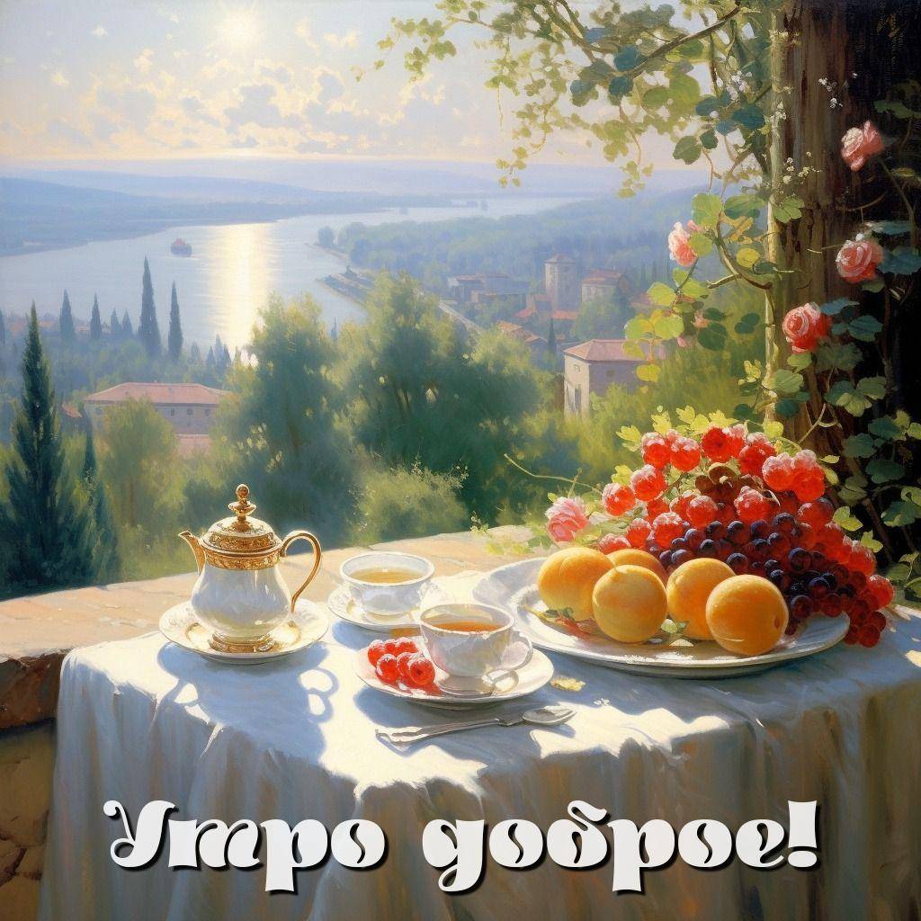 Чайный стол с фруктами на фоне пейзажа