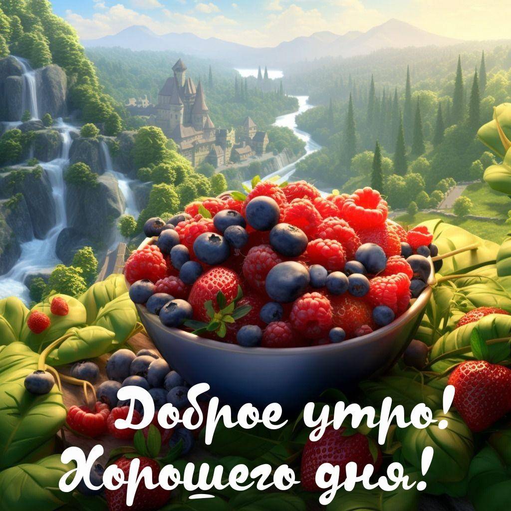 Чаша с ягодами на фоне пейзажа