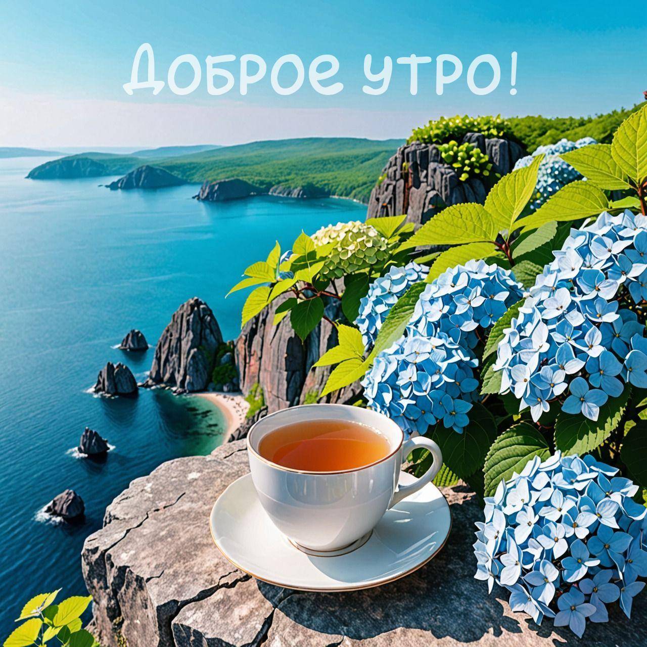 Чашка чая и голубые гортензии на фоне моря