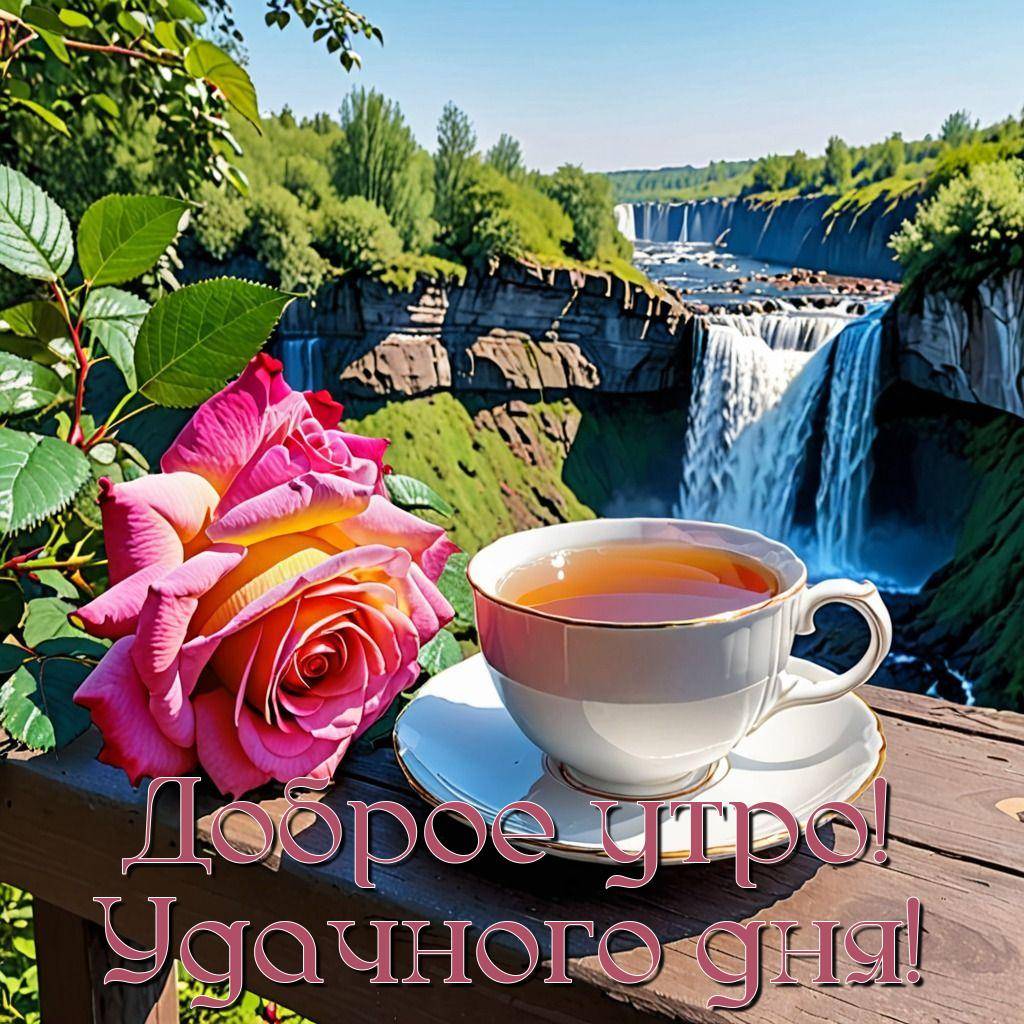 Чашка чая и роза на фоне водопадов