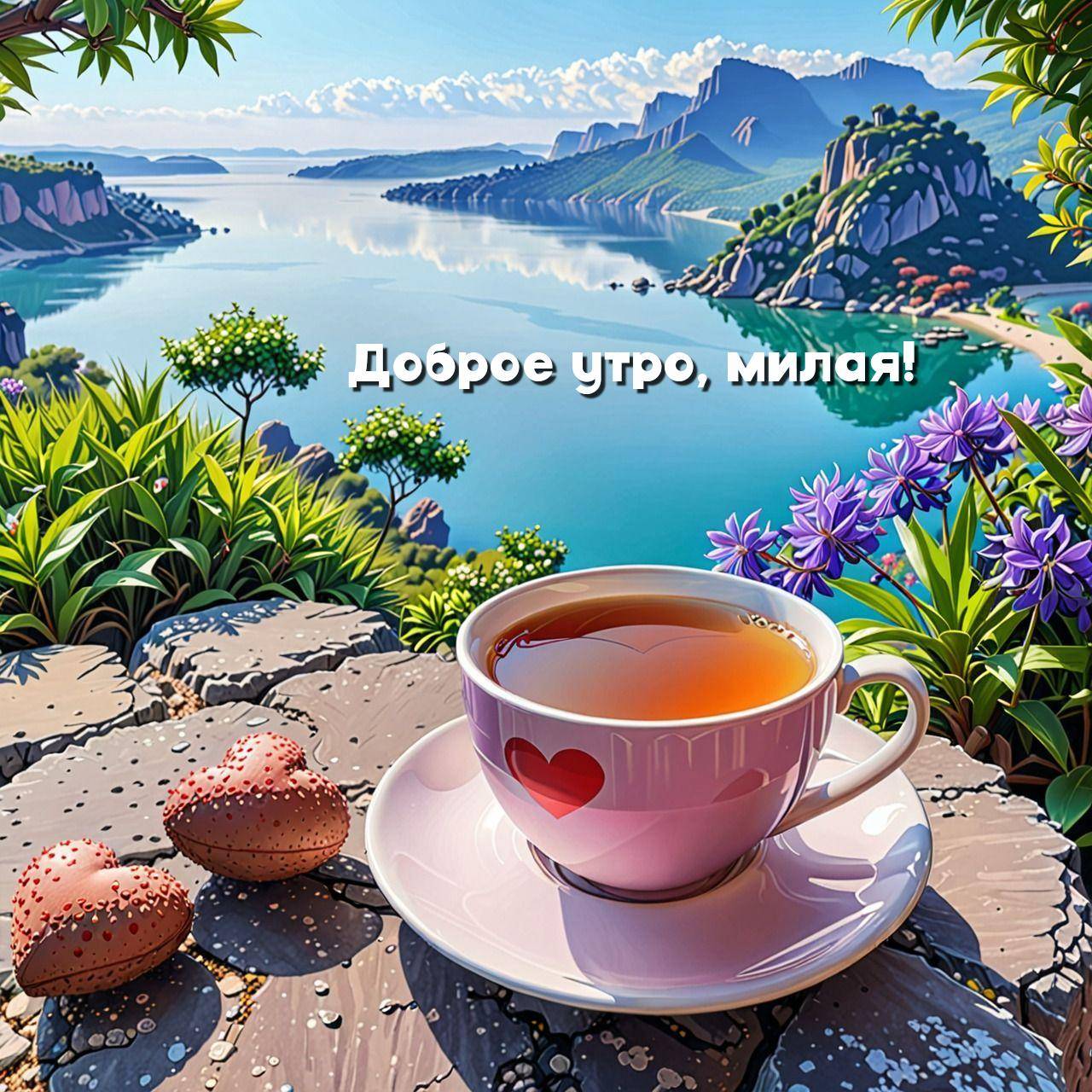 Чашка чая и сердечные печенья на фоне природы