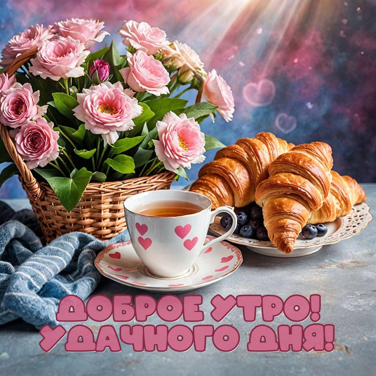 Чашка чая, круассаны и свежие черники