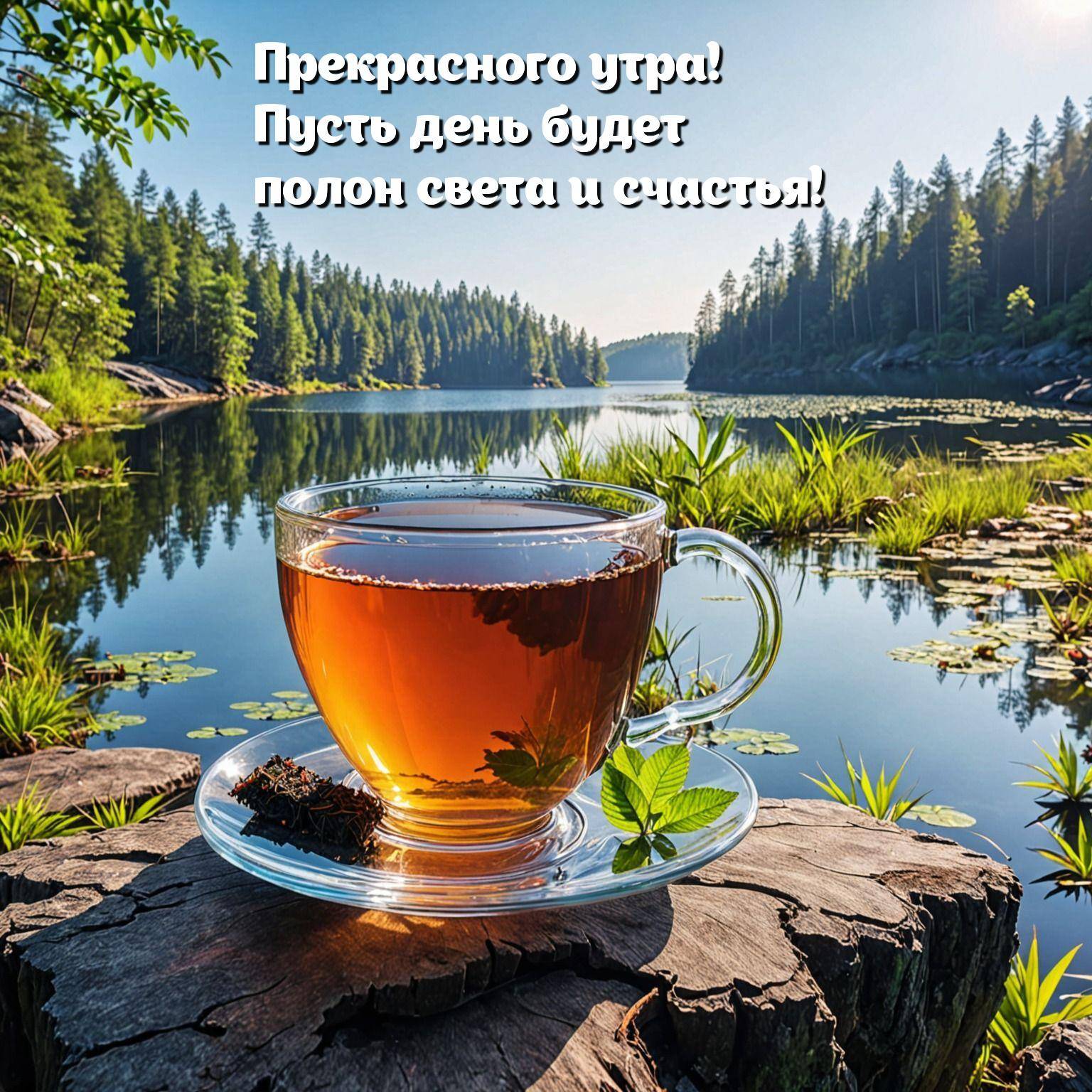 Чашка чая на бревне у озера в лесу