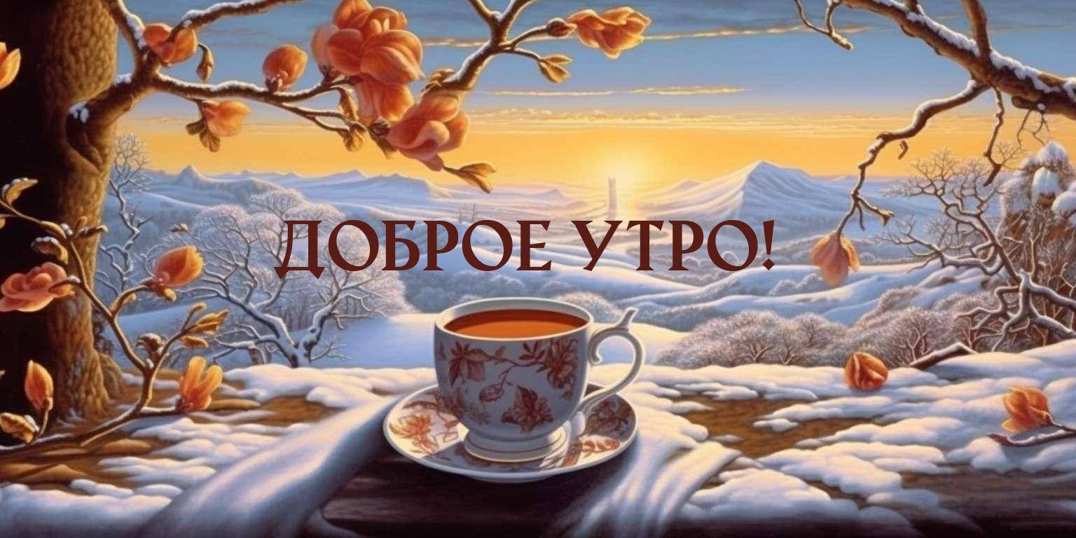 Чашка чая на фоне заснеженных гор