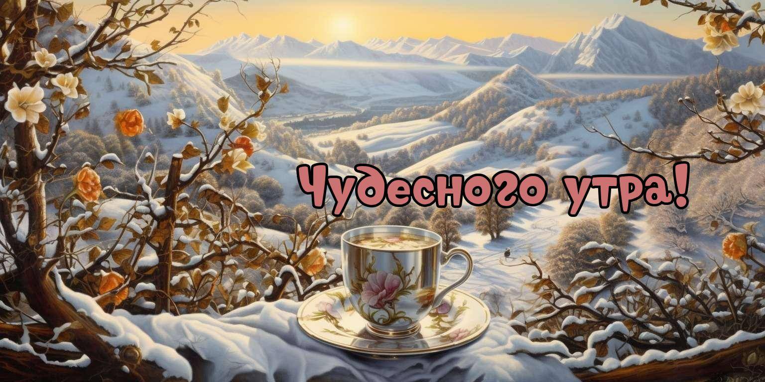 Чашка чая на фоне заснеженных гор и долин