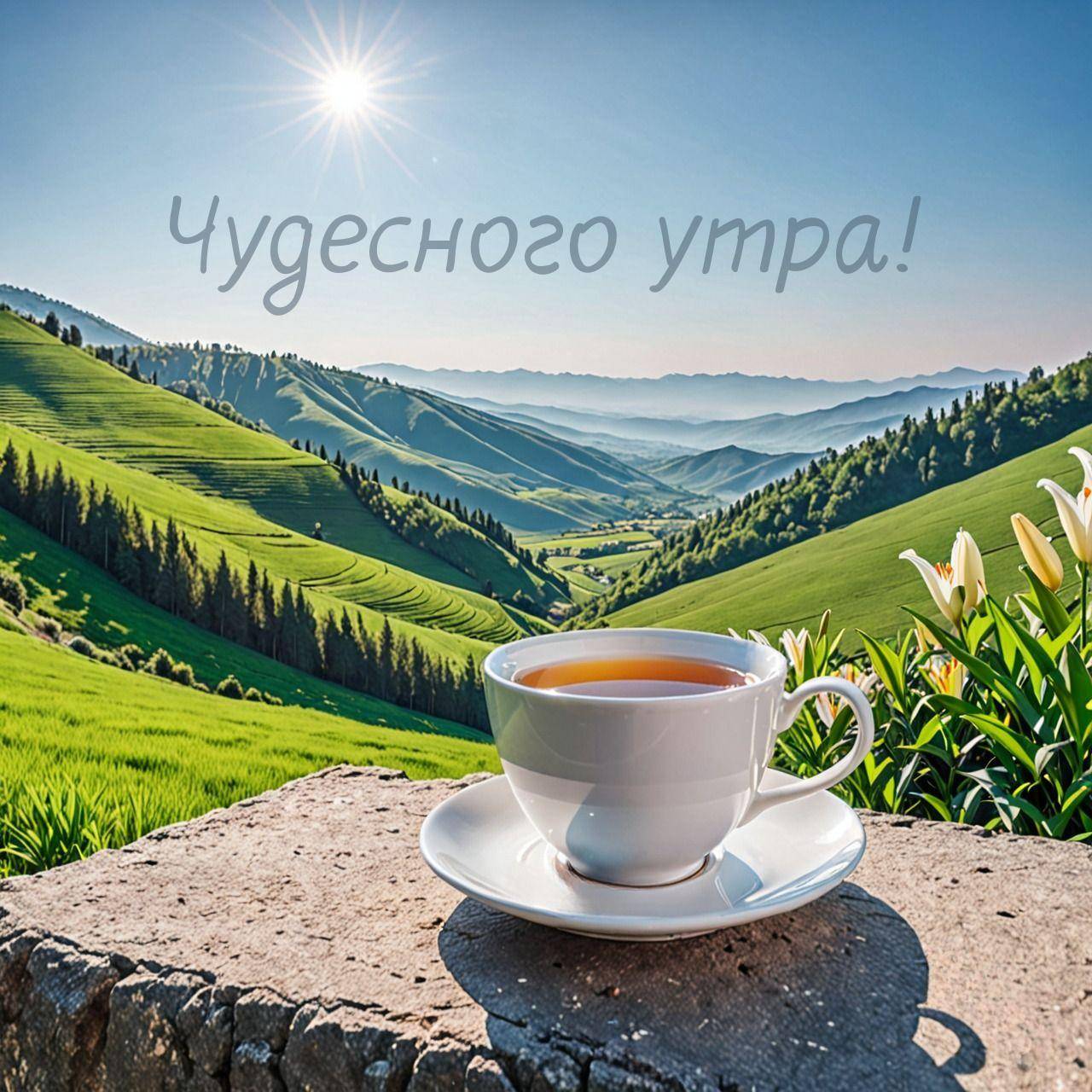 Чашка чая на фоне зелёных холмов