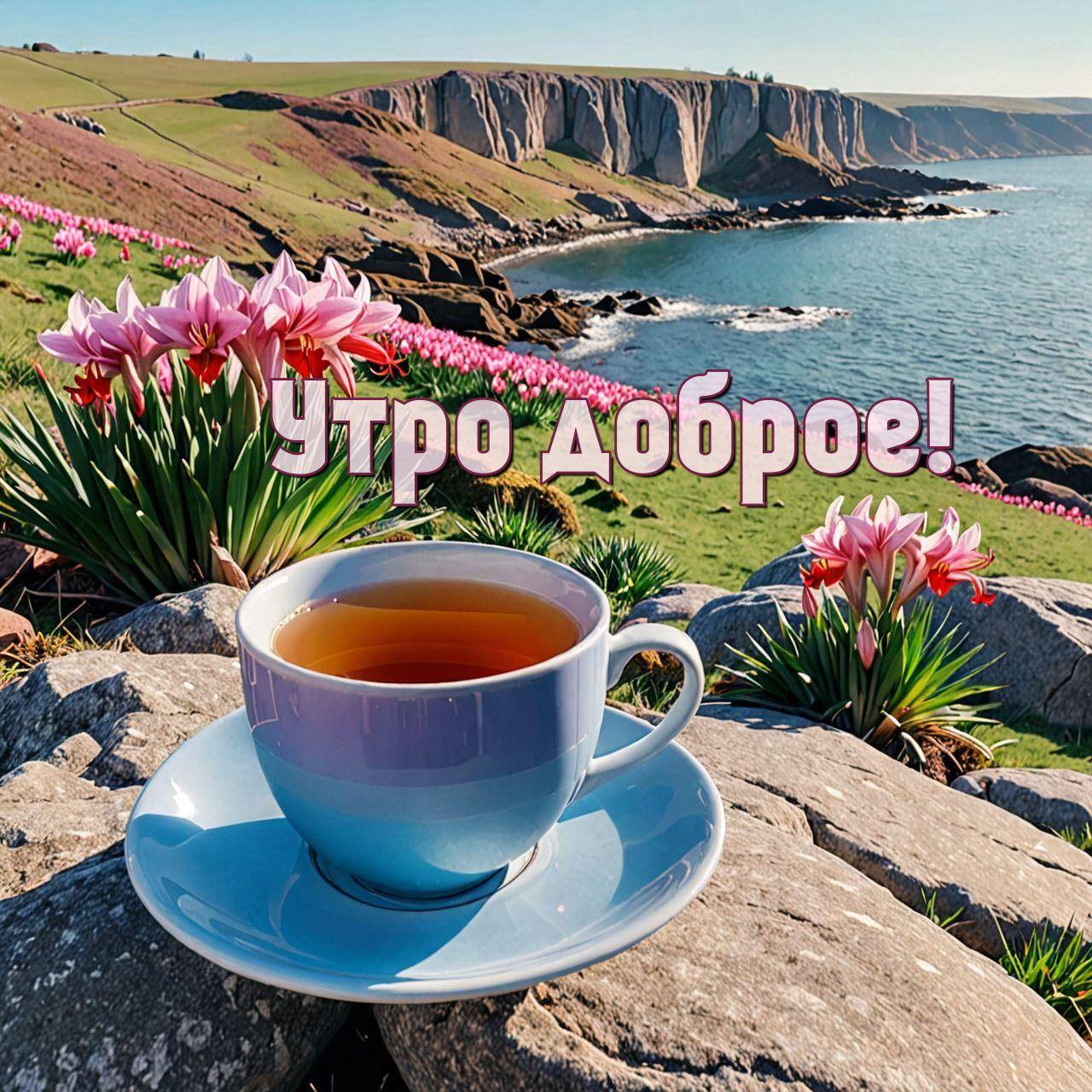 Чашка чая на камнях с цветами и холмами