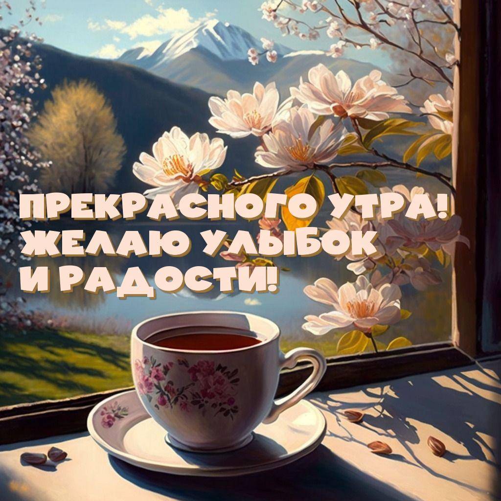 Чашка чая на подоконнике, пейзаж за окном