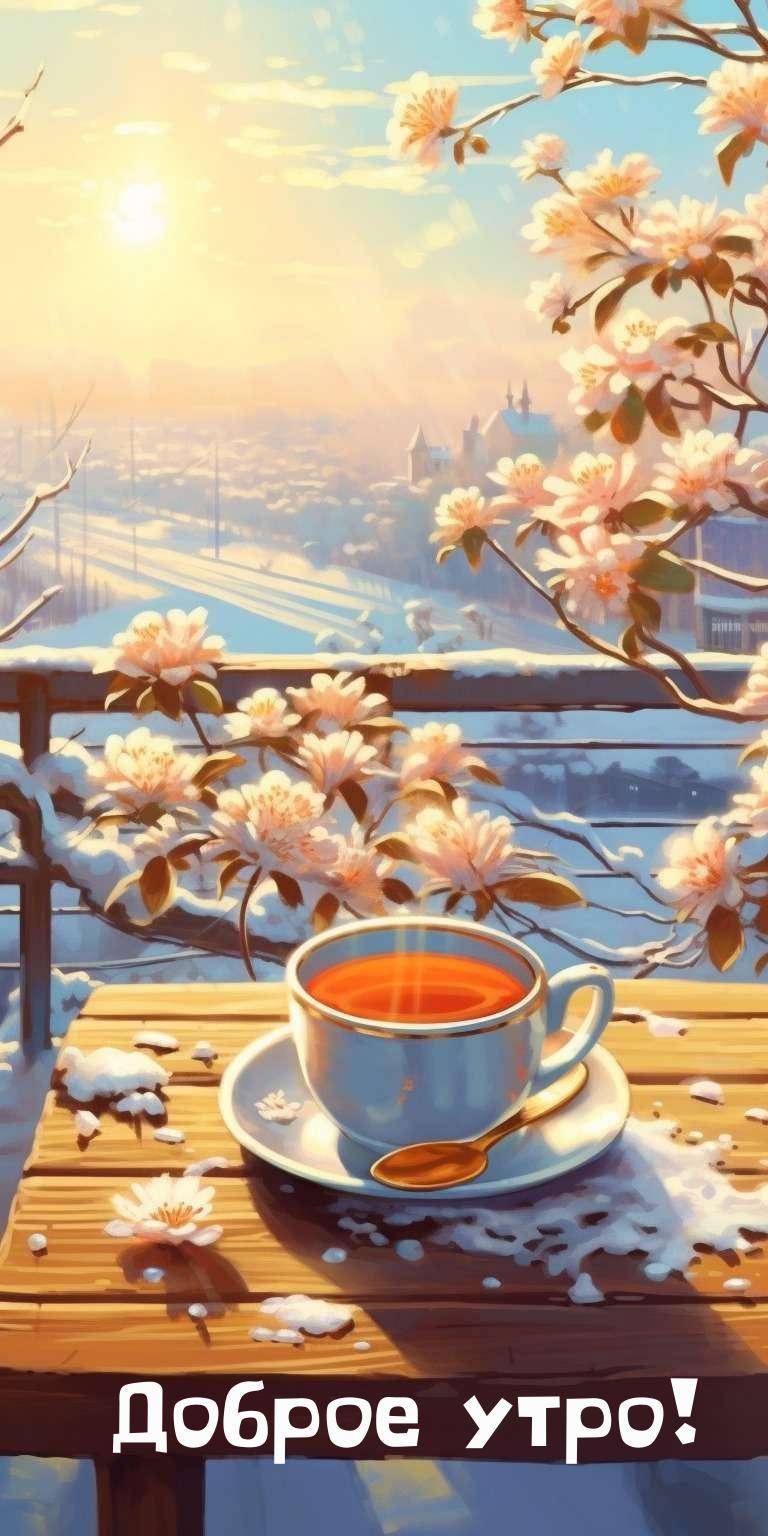 Чашка чая на столике зимним утром