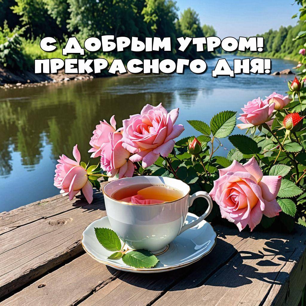 Чашка чая, розы и речка на фоне.