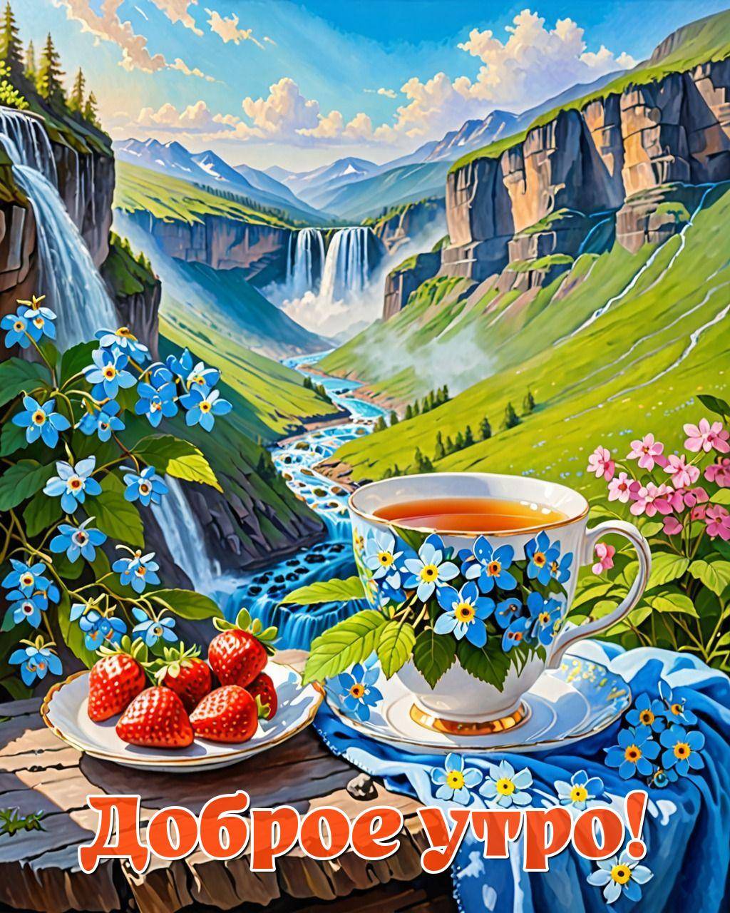 Чашка чая с узором из цветов, клубника, пейзаж
