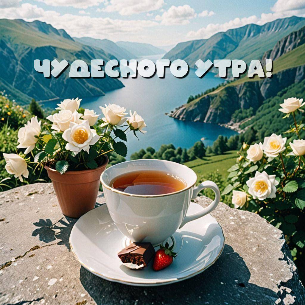 Чашка чая, шоколад и клубника на фоне озера и гор