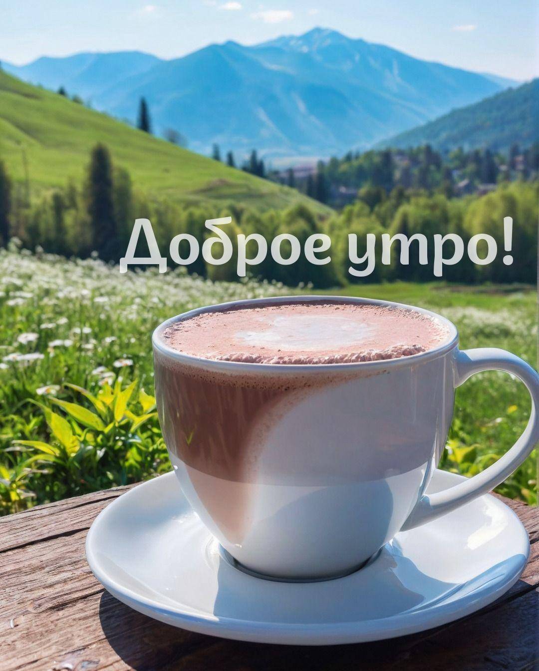 Чашка горячего напитка на деревянном столе с видом на природу.