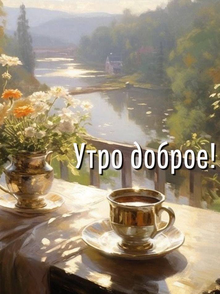 Чашка и чайник на столе у реки