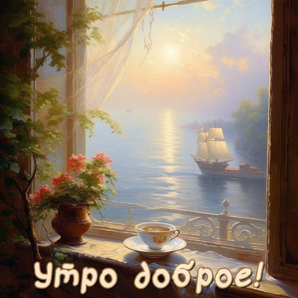 Чашка и цветы на фоне морского пейзажа