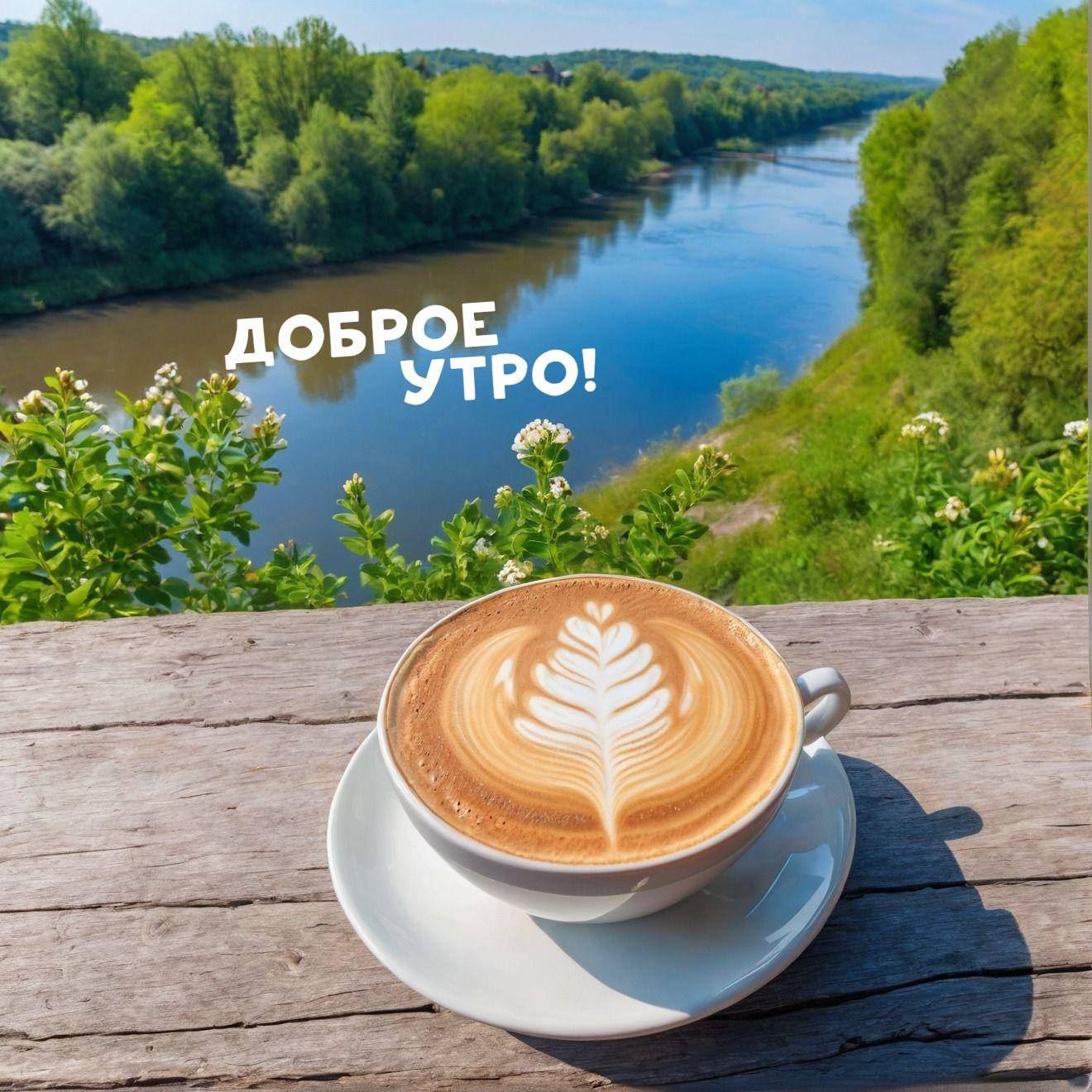 Чашка капучино с рисунком из пенки, река на фоне