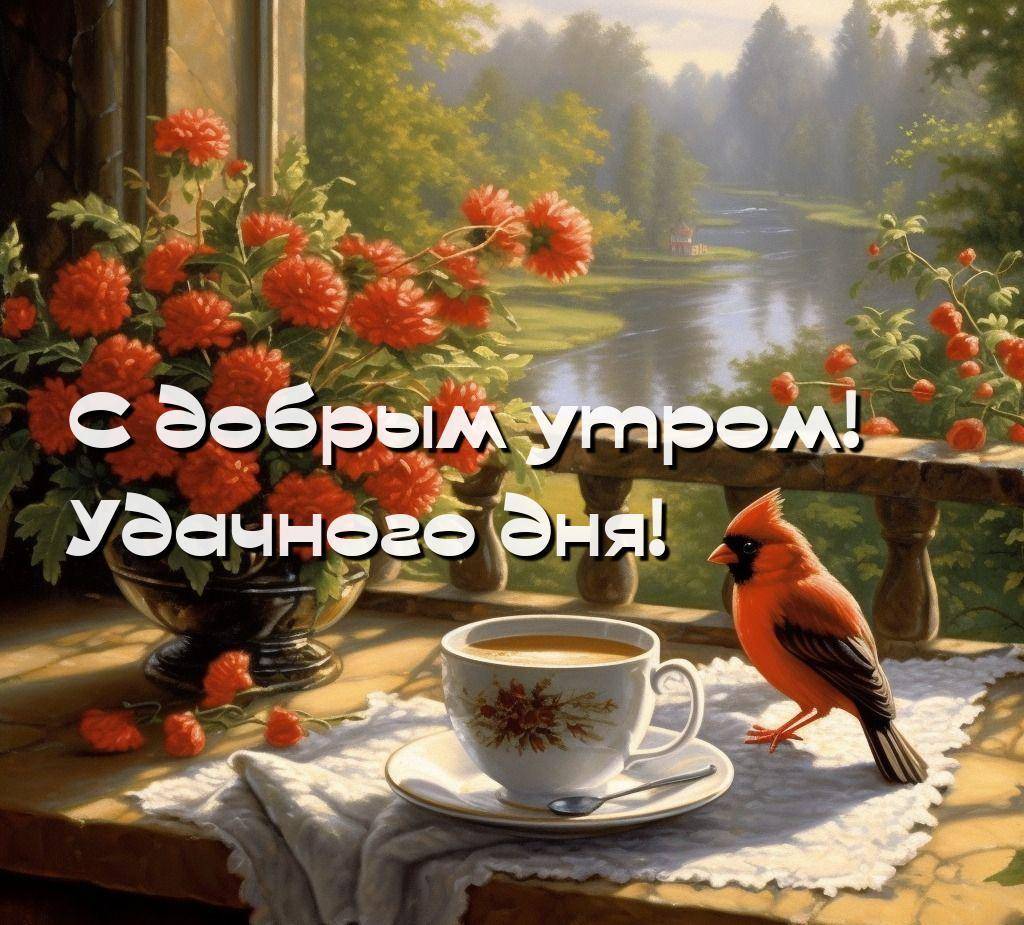 Чашка кофе, кардинал и цветы с рекой на заднем плане