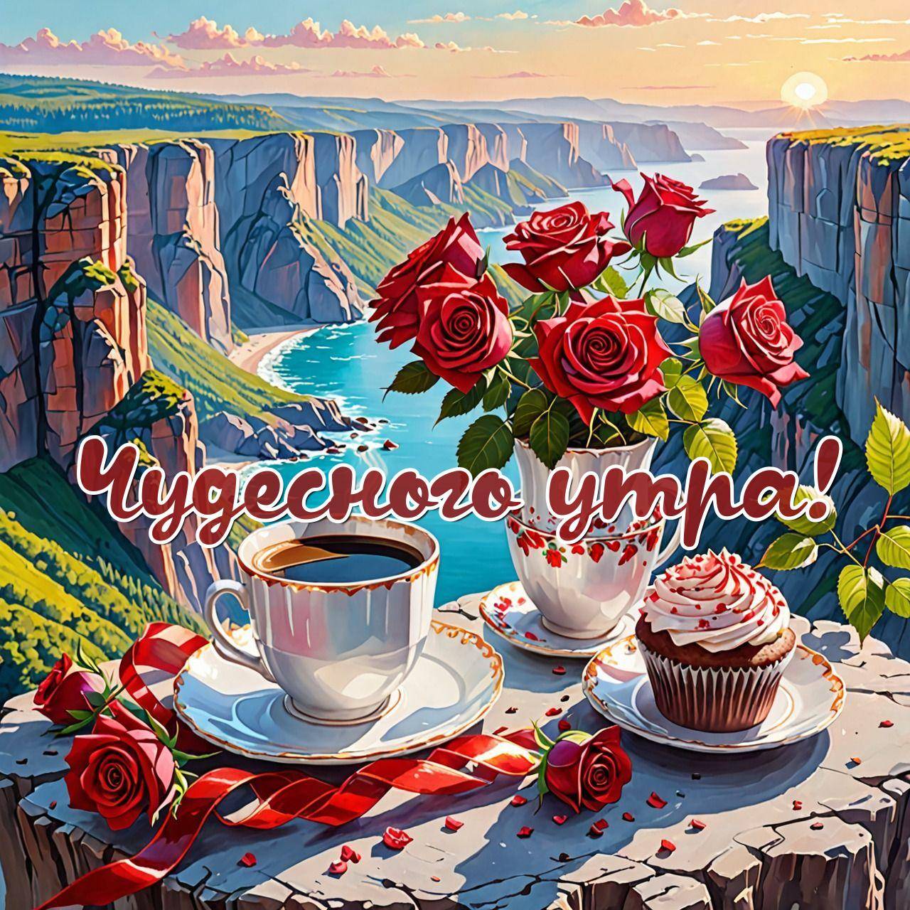 Чашка кофе, красные розы и кекс на фоне моря и гор