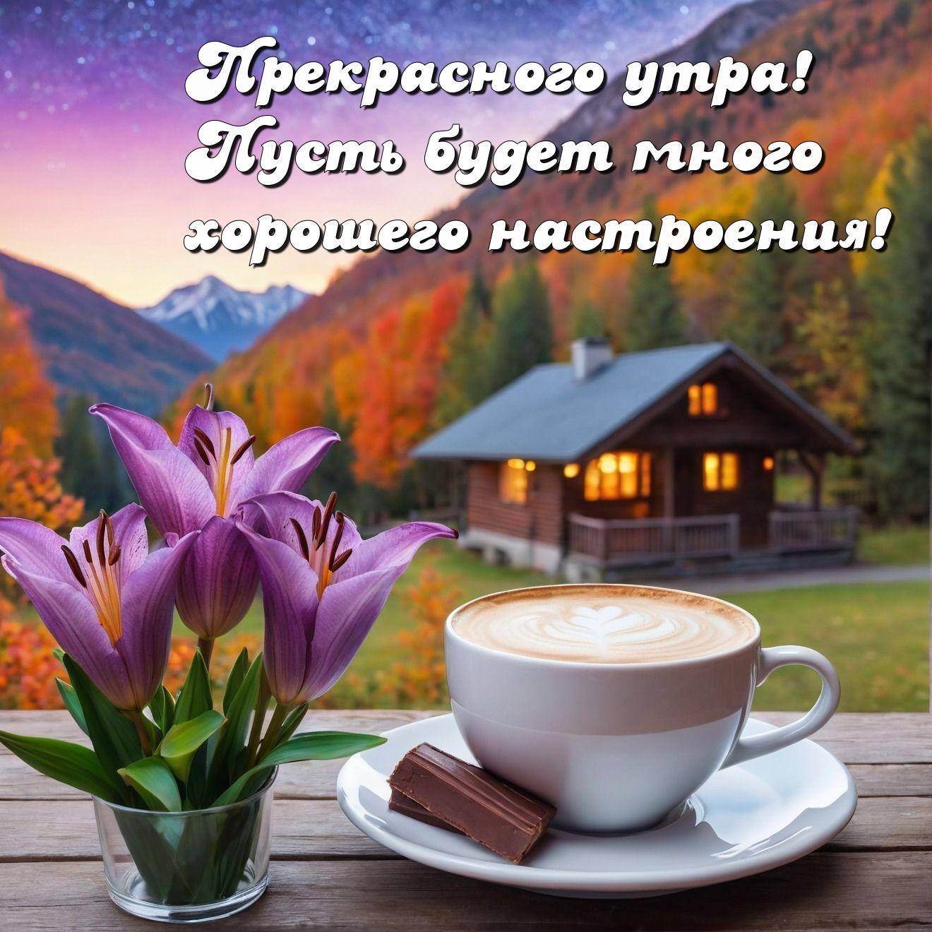 Осень
	 чашка кофе на блюдце с шоколадом и лилиями, домик, горы и рассвет