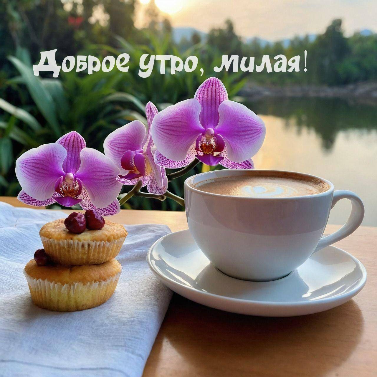 Чашка кофе на деревянном столе, два кекса и орхидеи