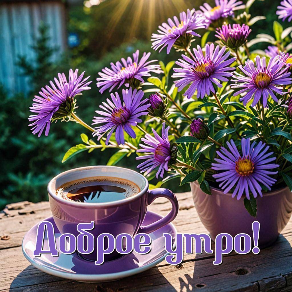 Чашка кофе на фиолетовом блюдце, цветы рядом