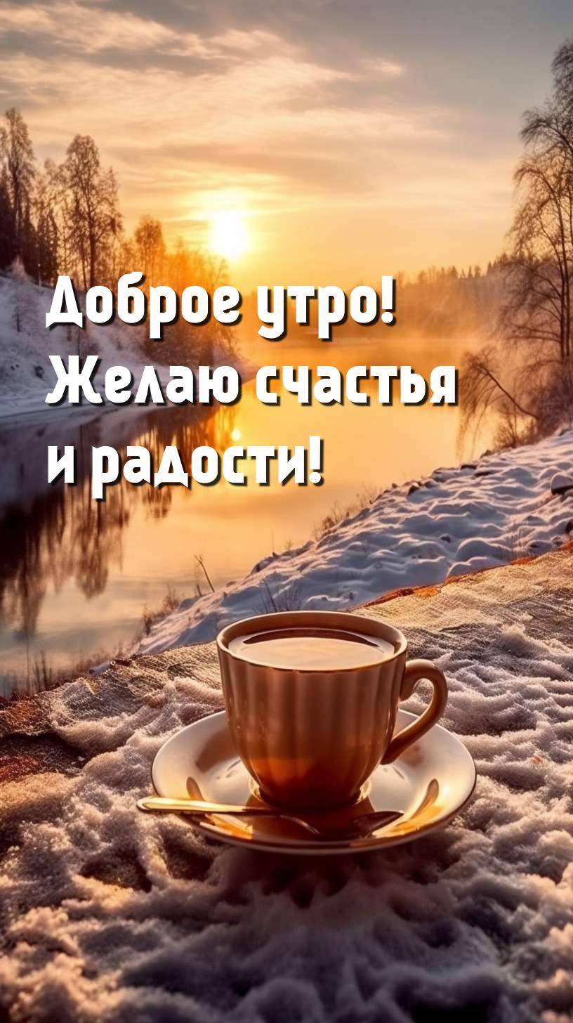 Чашка кофе на фоне восхода солнца, заснеженный берег
