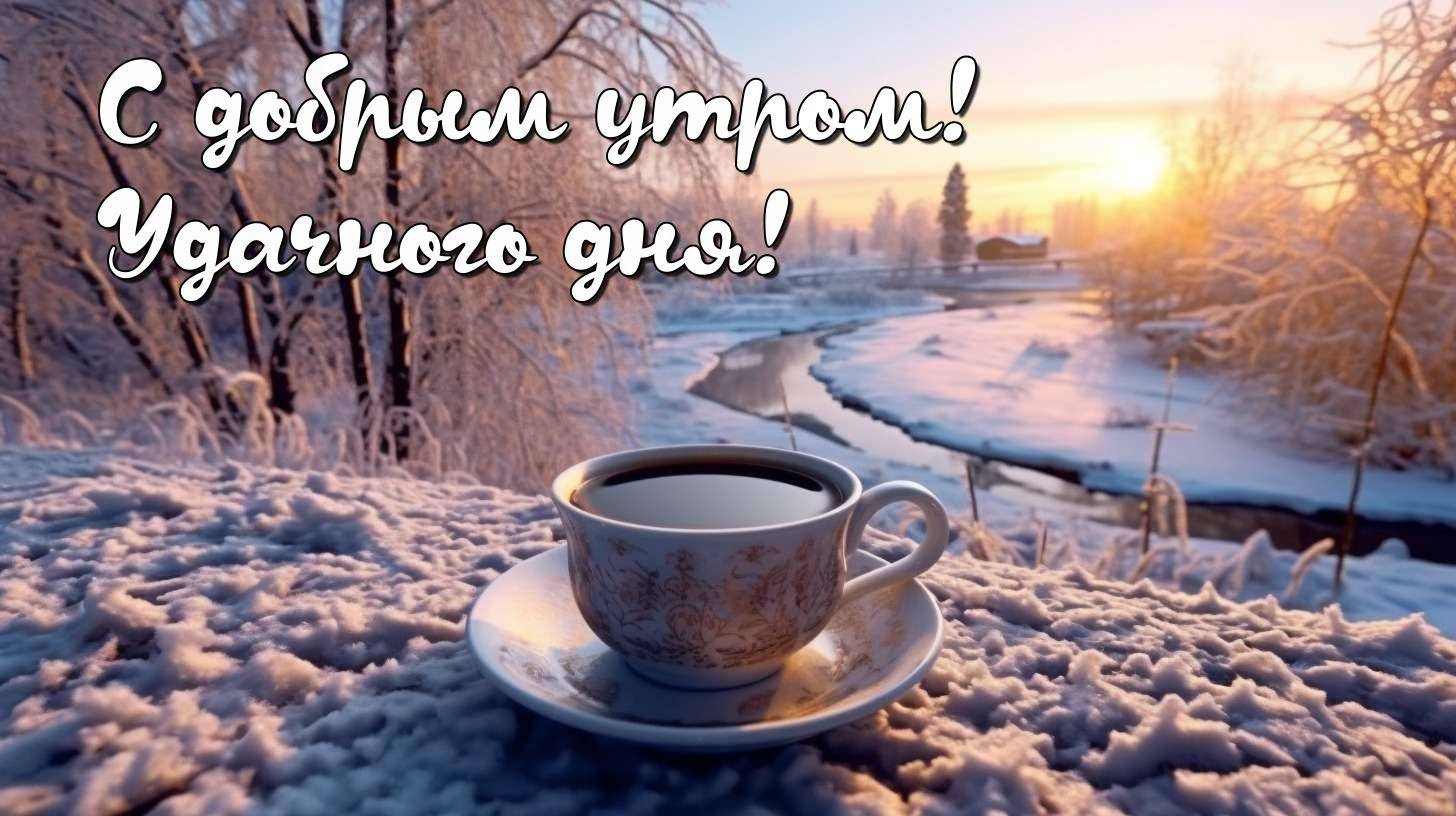 Чашка кофе на фоне заснеженного пейзажа