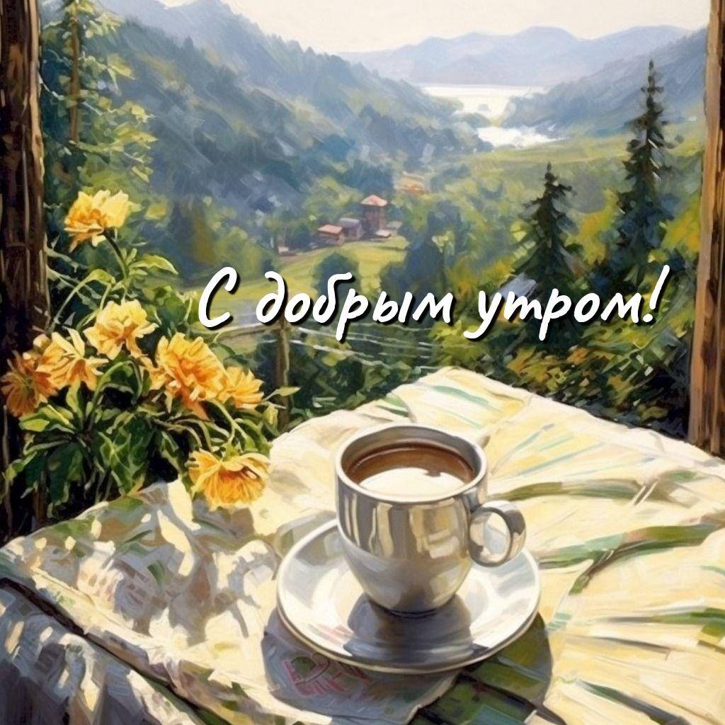 Чашка кофе на столе с цветами и видом на природу