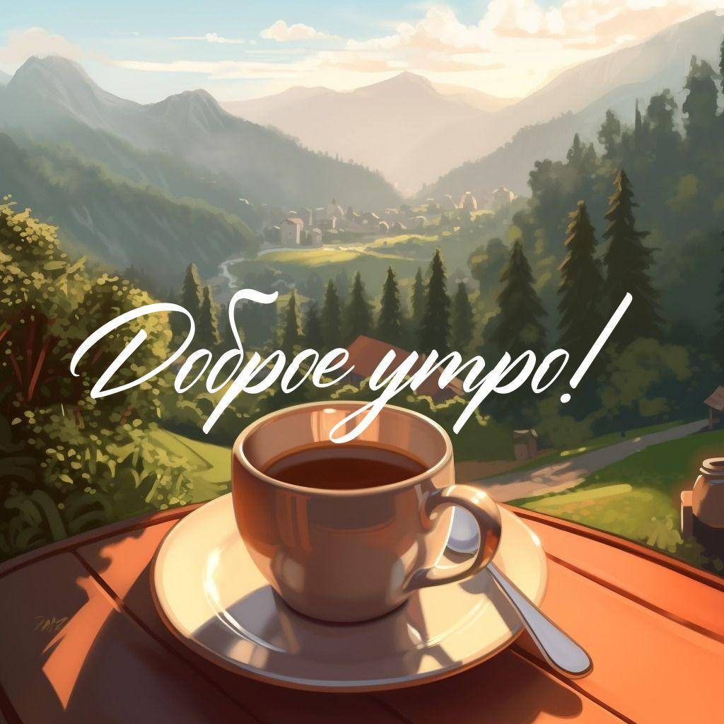 Чашка кофе на столе с видом на горы