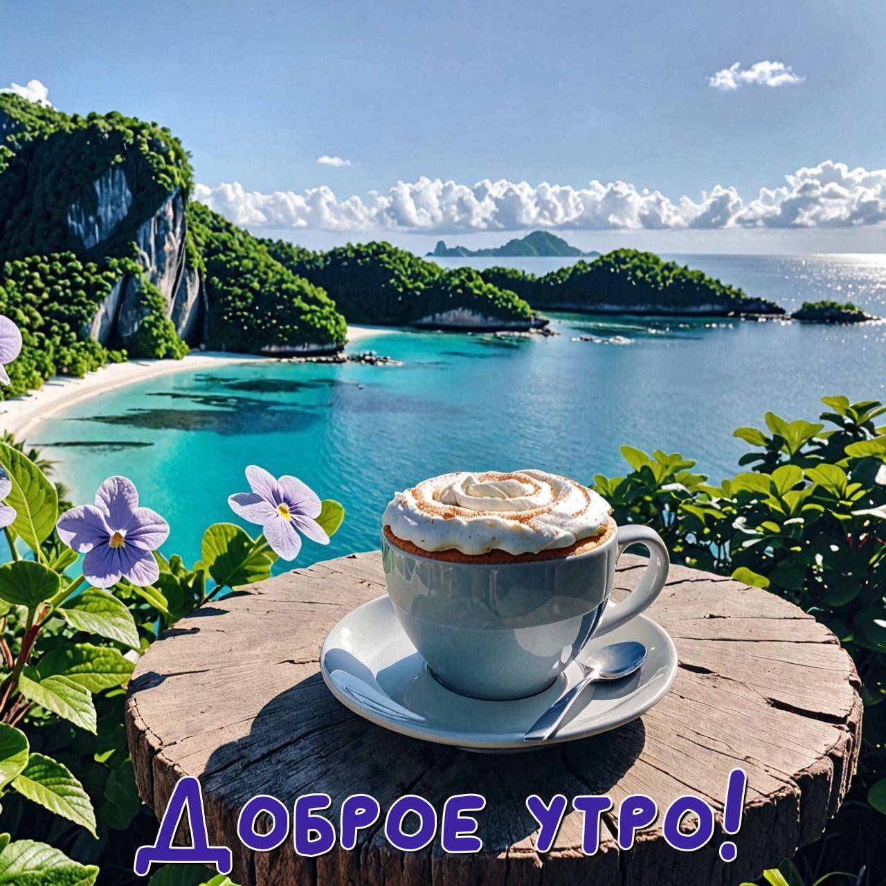 Чашка кофе с кремом и цветами на фоне моря