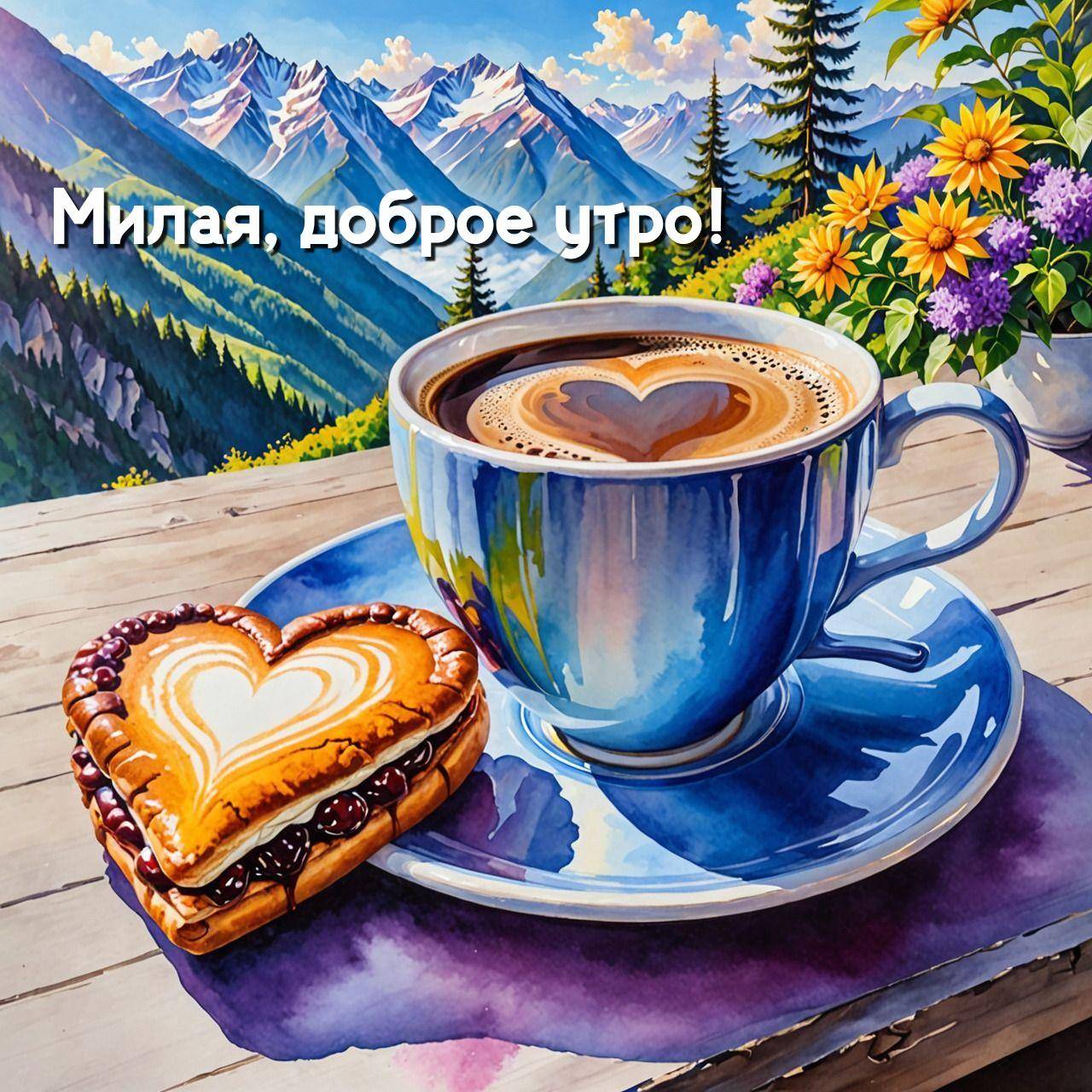 Чашка кофе с сердечком и печеньем на фоне гор