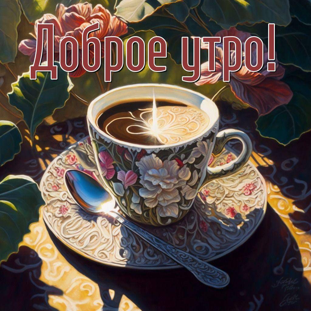 Чашка кофе с цветочным узором на блюдце, ложка, цветы