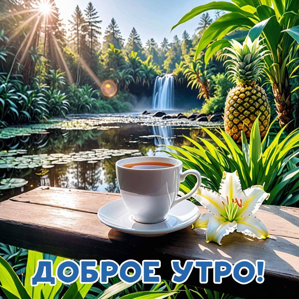 Чашка с чаем и белая лилия на фоне водопада