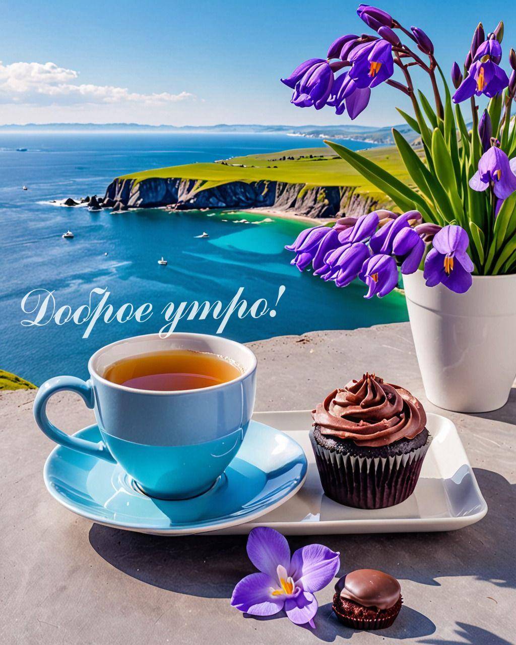 Чашка с чаем и десертом на фоне пейзажа