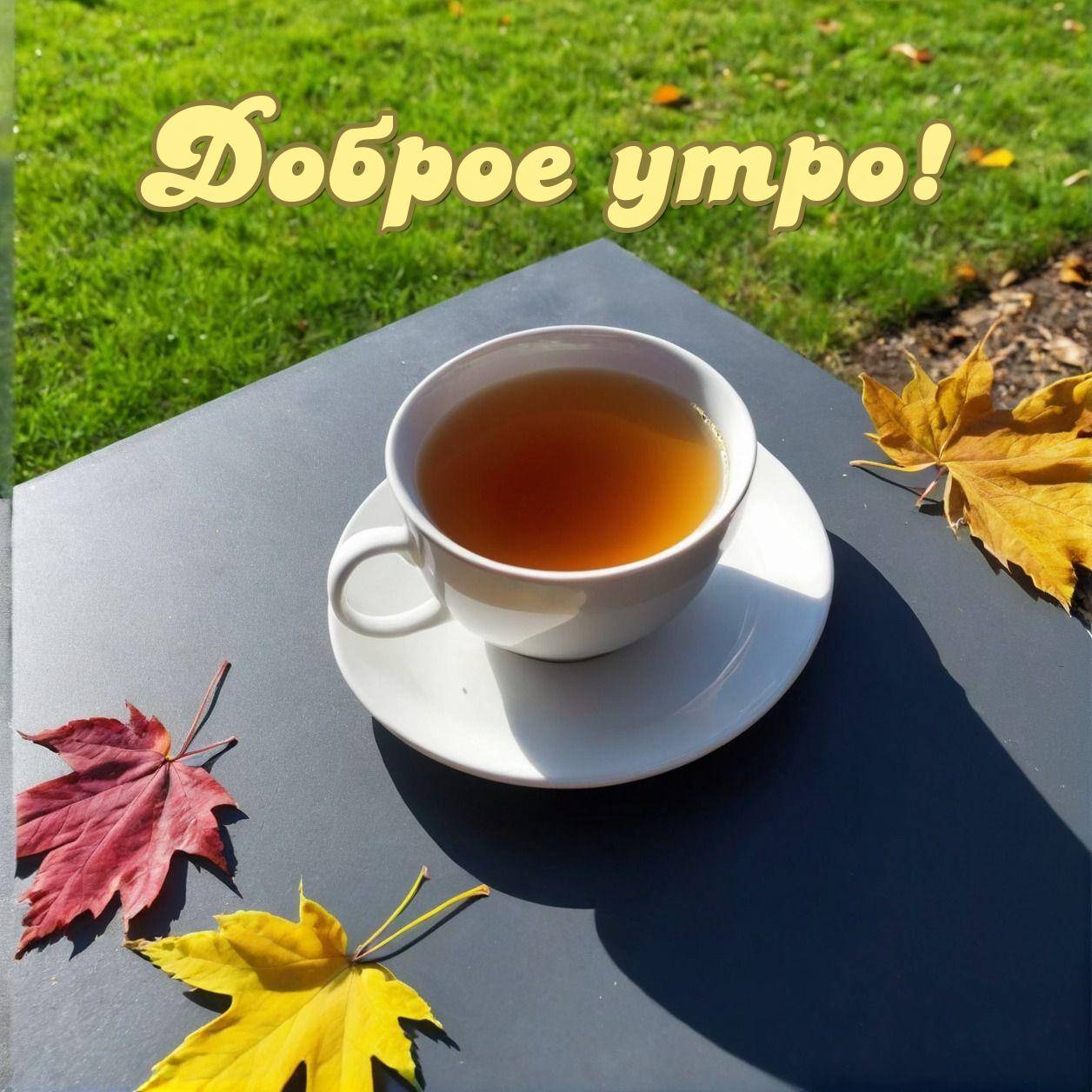 Чашка с чаем на тарелке, листья и трава