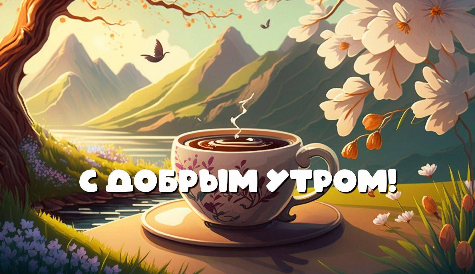 Чашка с горячим напитком на фоне гор и цветов
