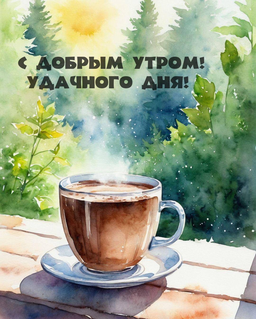 Чашка с кофе на блюдце, пар, лес на заднем плане