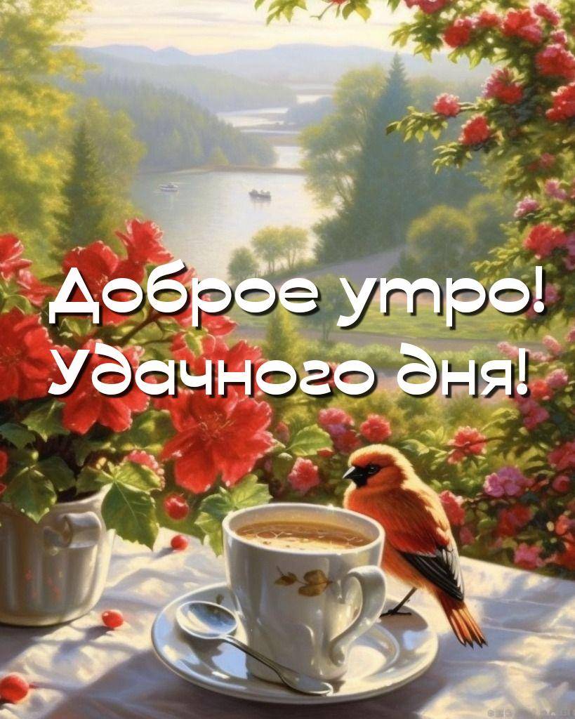 Чашка с напитком и птица на фоне пейзажа