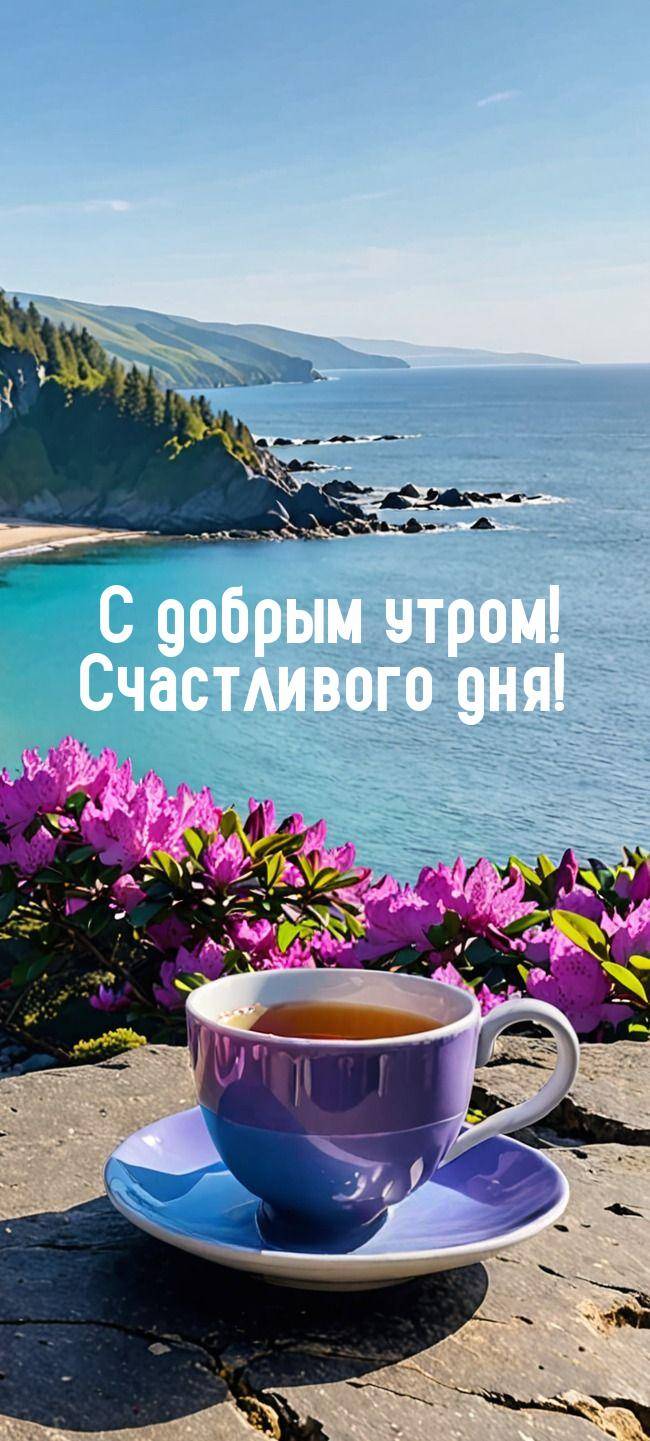 Чашка с напитком на фоне морского пейзажа