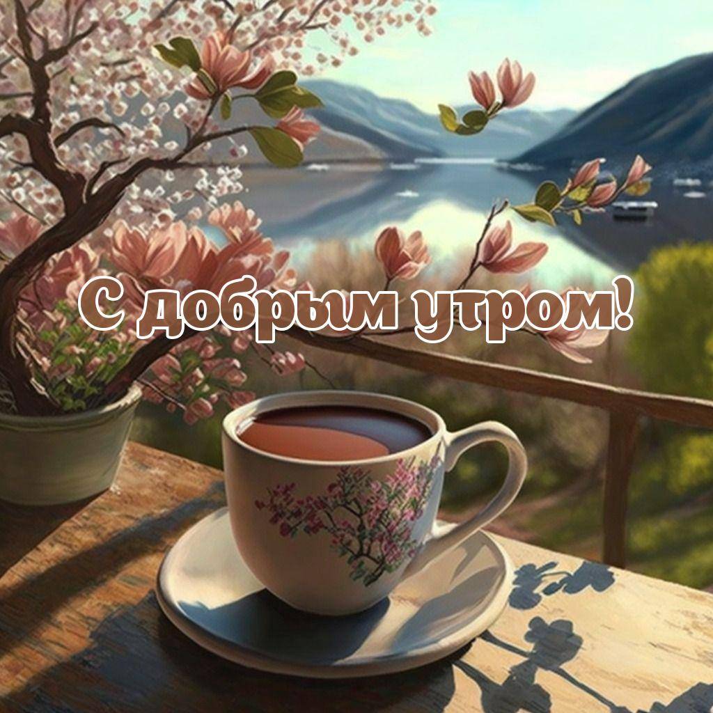 Чашка с напитком на столе, ветви дерева, озеро и горы